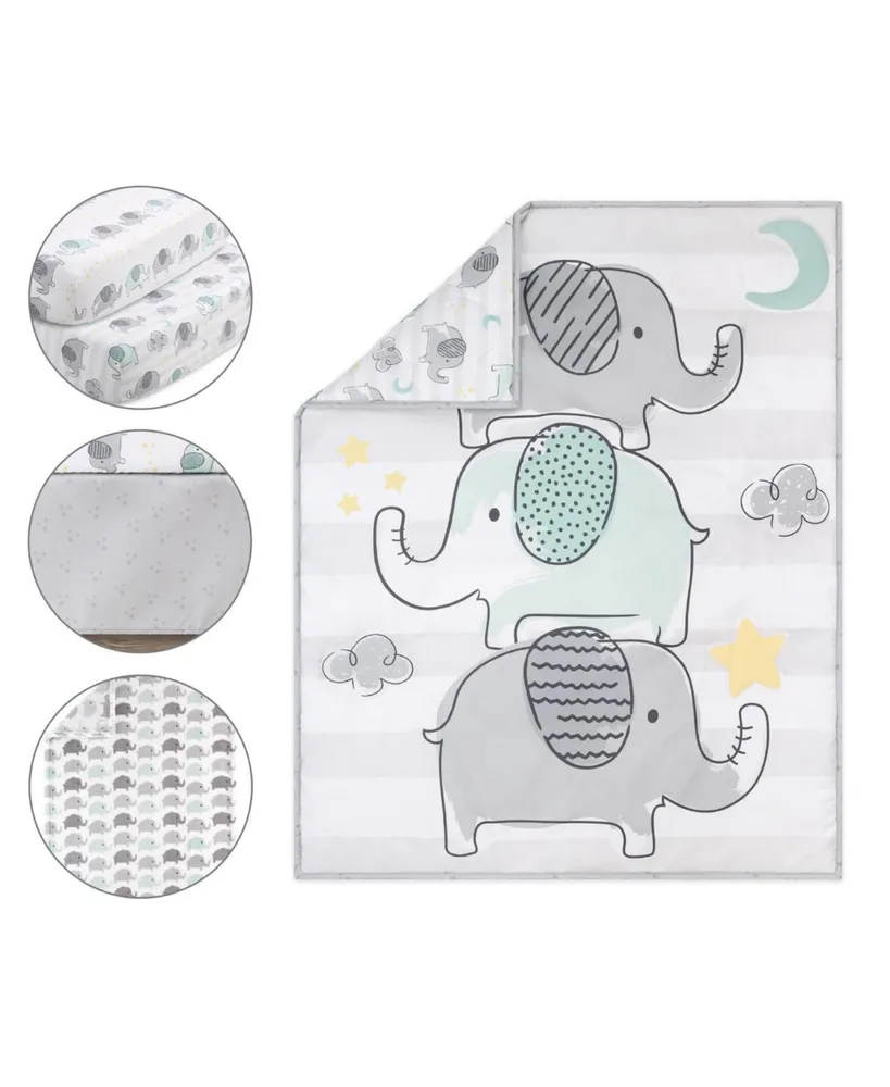 The Peanutshell Grey and Mint Elephant Dreams 5 Piece Crib Bedding Set for Baby Boys or Girls, Nursery Set with Blanket
