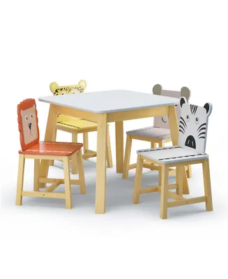 Simplie Fun 5 Piece Kiddy Table And Chair Set, Kids Wood Table With 4 Chairs Set Cartoon Animals