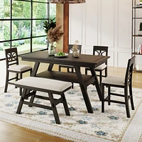 6-Piece Wood Counter Height Dining Table Set with Storage Shelf, Kitchen Table Set with Bench and 4 Chairs,Rustic Style, Walnut+Beige Cushion