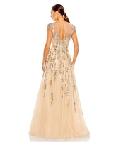 Embellished Cap Sleeve Cutout Back Gown