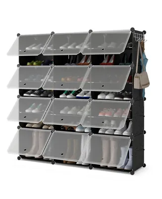 Portable Shoe Rack Organizer 12-Cube 48 Pair Shoe Shelf Storage Cabinet w/Hook
