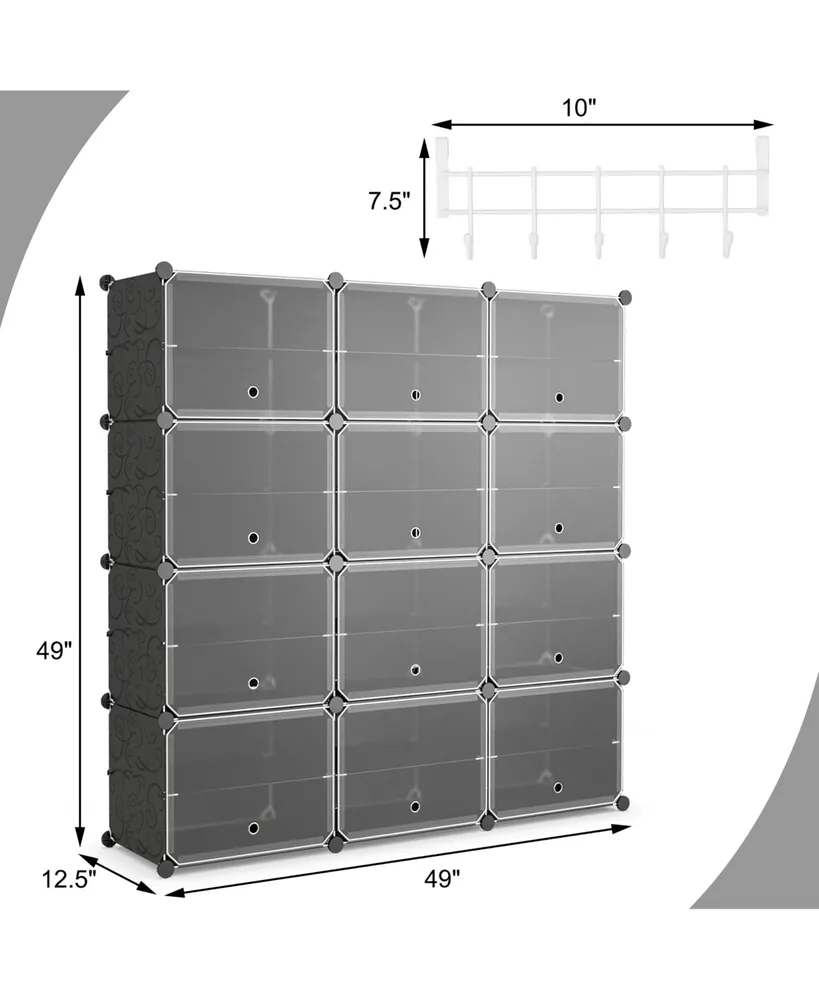 Portable Shoe Rack Organizer 12-Cube 48 Pair Shoe Shelf Storage Cabinet w/Hook