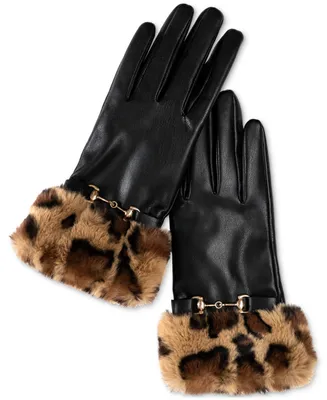 I.n.c. International Concepts Women's Faux-Leather Faux-Fur-Trim Gloves, Created for Macy's