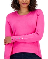 Jm Collection Women's Button-Sleeve Crewneck Sweater, Created for Macy's