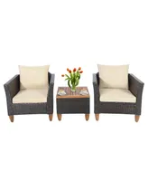 3PCS Patio Rattan Bistro Furniture Set Wood Table Top Cushion Sofa