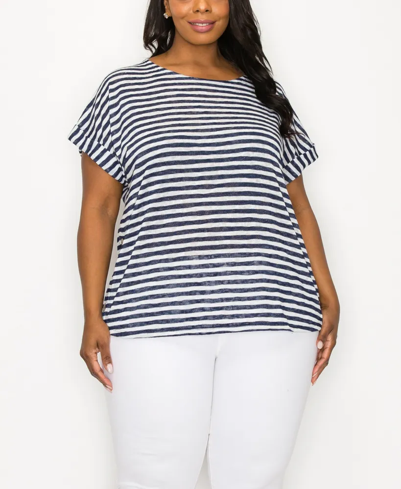 Coin 1804 Plus Slub Stripe Roll Sleeve Side Button Top