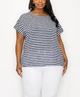 Coin 1804 Plus Slub Stripe Roll Sleeve Side Button Top