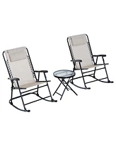 Outsunny 3 Piece Outdoor Rocking Bistro Set, Patio Folding Chair Table Set with Glass Coffee Table for Yard, Patio, Deck, Backyard