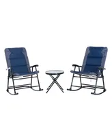 Outsunny 3 Piece Outdoor Patio Furniture Set with Glass Coffee Table & 2 Folding Padded Rocking Chairs, Bistro Style for Porch, Camping, Balcony