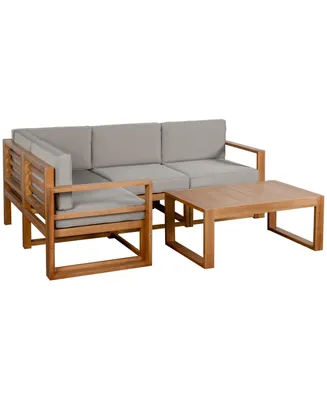 Outsunny 4 Seater L Shaped Patio Furniture Set, Wood Outdoor Sectional Sofa Conversation Set with Coffee Table and Cushions for Garden, Backyard, Porc
