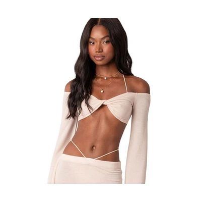 Women's Off Shoulder Halter Strap Twist Crop Top