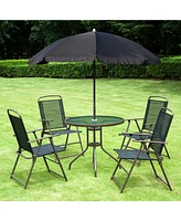 Outsunny 6 Piece Patio Dining Set for 4 with Umbrella, 4 Folding Dining Chairs & Round Glass Table for Garden, Backyard and Poolside, Black