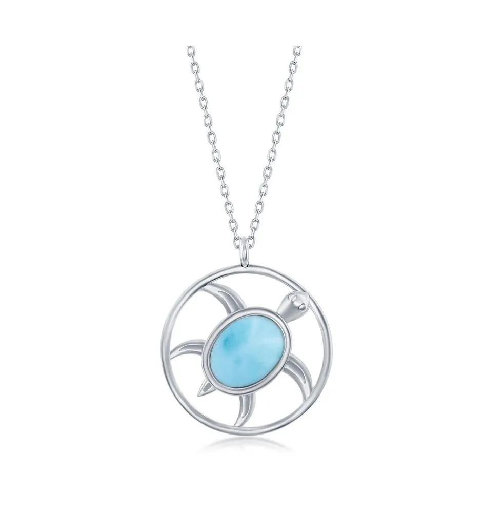 Sterling Silver Oval Larimar Turtle Round Necklace