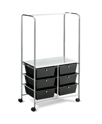 6 Drawer Rolling Storage Cart w/Hanging Bar Office School Organizer