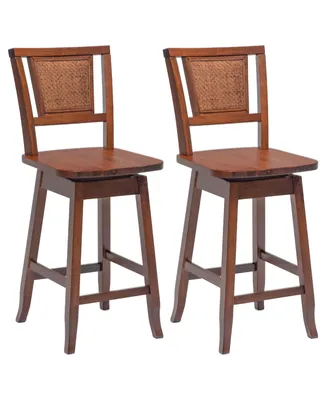 Set of 2 Swivel Bar Stools Counter Height Rubber Wood Pub Chairs w/ Rattan Back