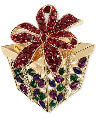 Holiday Lane Gold-Tone Multicolor Mixed Stone Present Pin, Created for Macy's