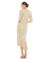 Mac Duggal Women's Long Sleeve Tea Length Dress