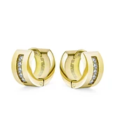 Bling Jewelry Unisex Channel Set 3 Row Cubic Zirconia Cz K-pop Wide Mini Hoop Huggie Earrings For Men For Women Yellow Gold Plated Steel Stainless