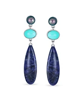 Bling Jewelry Multi Shape 3 Multi-Tier Dangling Cultured Freshwater Grey Pearl Blue Natural Turquoise Navy Sodalite Long Teardrop Earrings For Women