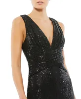 Mac Duggal Women's Ieena V-Neck Sequin Wrap Waist Gown