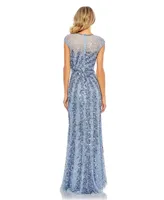 Mac Duggal Women's Embellished Illusion High Neck Cap Sleeve Gown