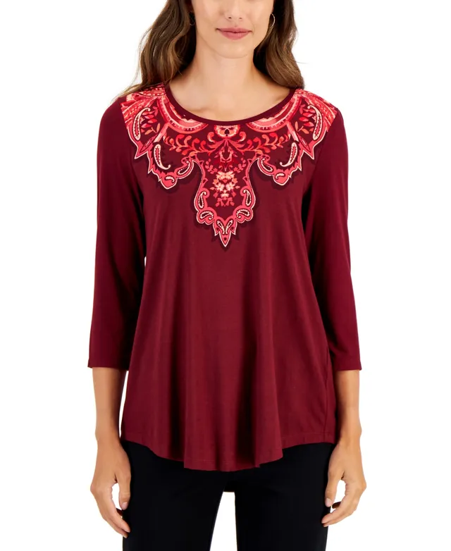 Jm Collection Plus Printed Medallion 3/4-Sleeve Top, Created for Macy's