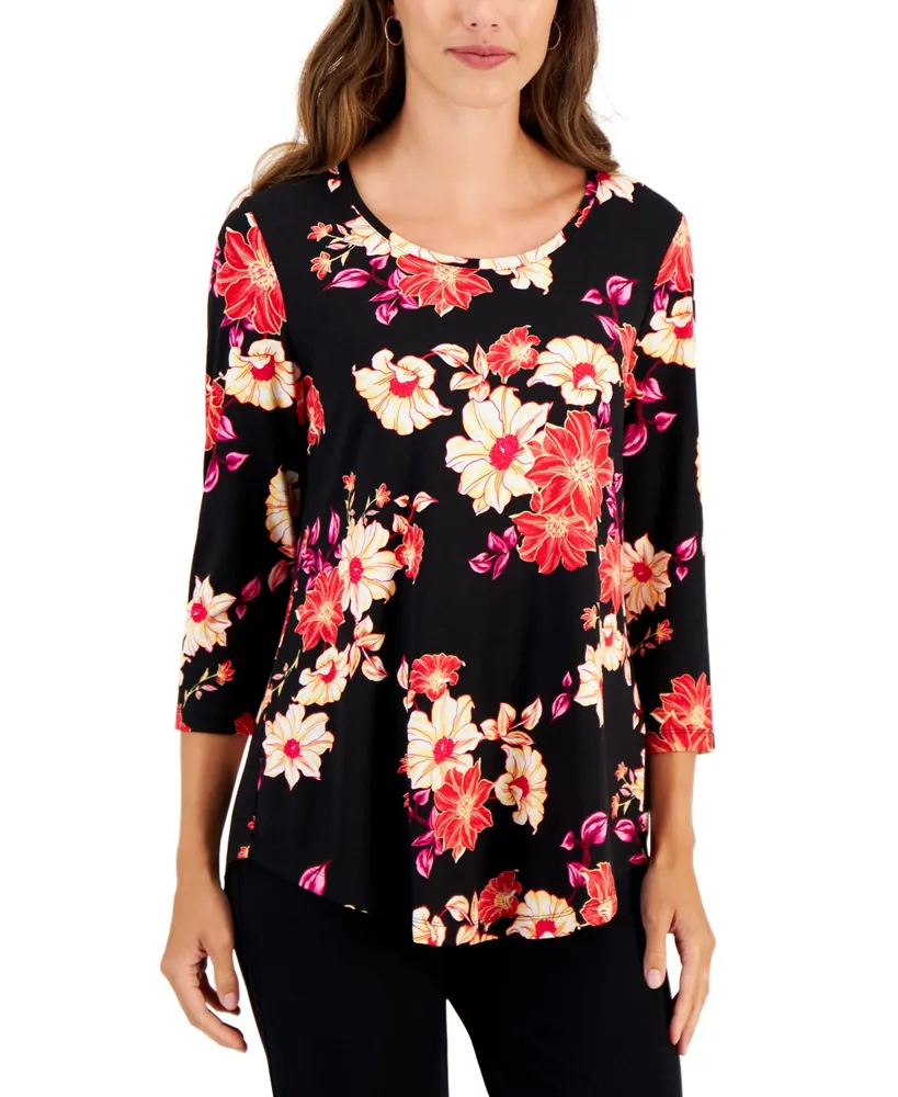 Jm Collection Women's Floral-Print 3/4-Sleeve Top, Created for