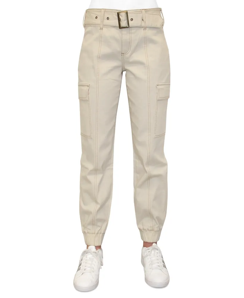 Crave Fame Juniors' High-Rise Belted Denim Cargo Pants