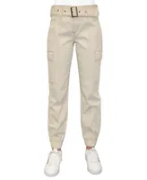 Crave Fame Juniors' High-Rise Belted Denim Cargo Pants