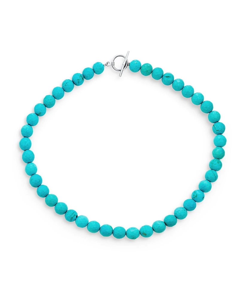 Bling Jewelry Blue Faceted Synthetic Stabilized Turquoise Round Gem Stone 10MM Bead Strand Necklace Silver Plated Clasp