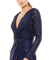 Mac Duggal Women's Floor-Length Sequin Gown Featuring Long Sleeves and Sheer Accents