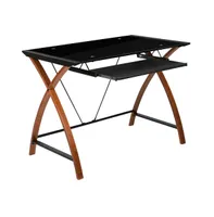 Emma+Oliver Glass Computer Desk-Pull-Out Keyboard Tray & Crisscross Frame