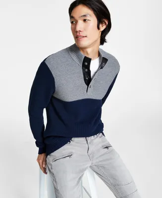 I.n.c. International Concepts Men's Regular-Fit Colorblocked Textured 1/4-Snap Mock-Neck Sweater, Created for Macy's