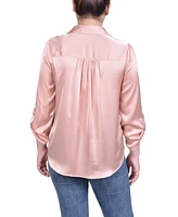 Ny Collection Petite Tabbed Long Sleeve Satin Blouse