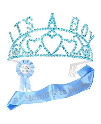 Baby Shower Decoration for Mom To Be And Dad To Be, Premium Metal Blue Tiara + Blue & Silver Sash + Premium Metal Daddy to be Blue & White pin, Matern