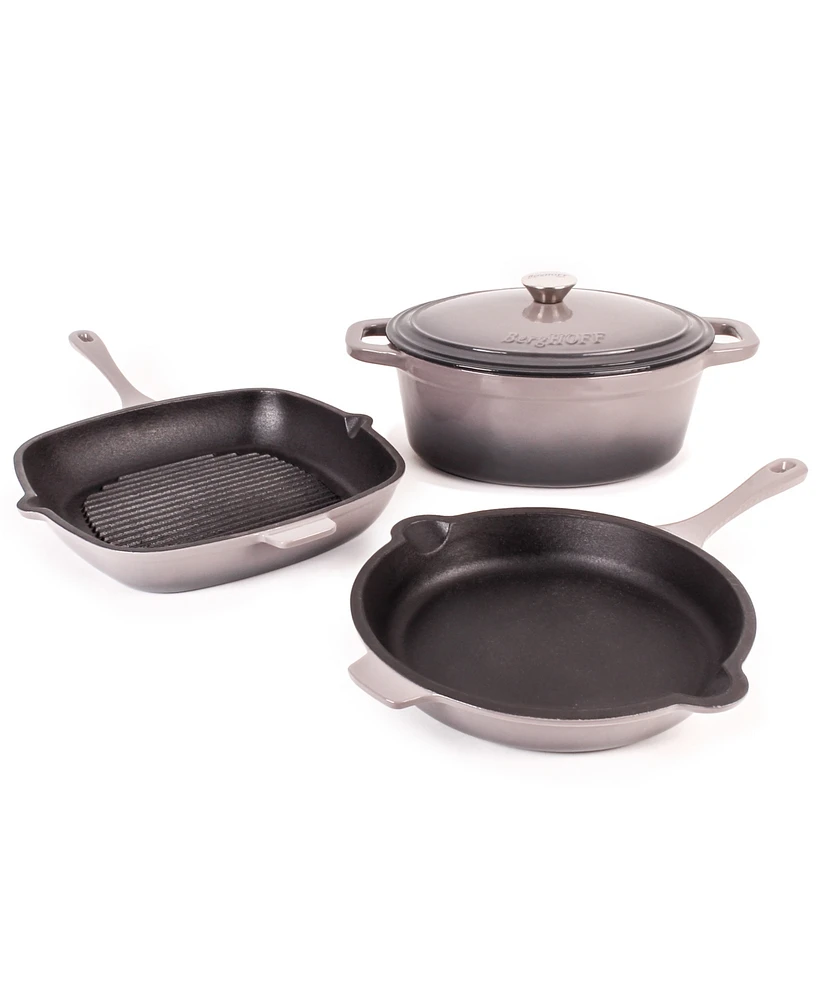 BergHOFF Neo 4pc Cast Iron Cookware Set, Grill Pan, Fry Pan & Oval Dutch Oven