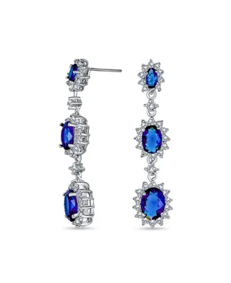 Bling Jewelry Long Royal Blue Triple Oval Halo Simulated Sapphire Cz Chandelier Earrings For Women Cubic Zirconia Rhodium Plated Brass