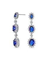 Bling Jewelry Long Royal Blue Triple Oval Halo Blue Cz Chandelier Earrings For Women Cubic Zirconia Rhodium Plated Brass