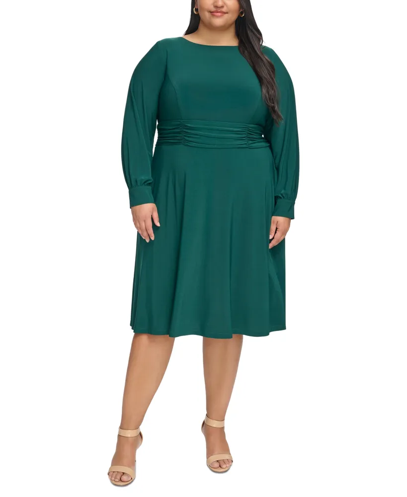 Jessica Howard Plus Size Ruched-Waist Long-Sleeve Midi Dress