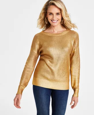 I.n.c. International Concepts Women's Foiled Boat-Neck Sweater, Created for Macy's