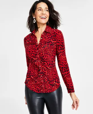I.n.c. International Concepts Women's Printed Ruched Snap-Front Top, Created for Macy's