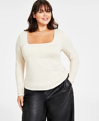 Bar Iii Plus Size Shine Long-Sleeve Square-Neck Top, Created for Macy's
