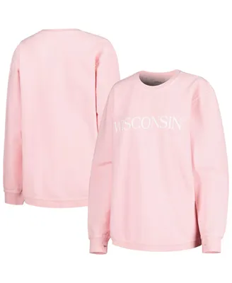 Women's Pressbox Pink Wisconsin Badgers Comfy Cord Bar Print Pullover Sweatshirt