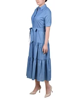 Ny Collection Women's Short Sleeve Belted Chambray Dress