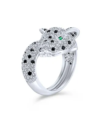Bling Jewelry Green Eye Black White Cubic Zirconia Cz Fashion Leopard Panther Cat Statement Bypass Ring For Women Rhodium Plated Brass