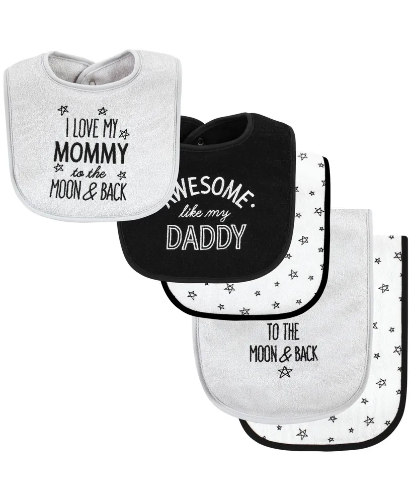 Hudson Baby Baby Boys Hudson Unisex Cotton Terry Bib and Burp Cloth Set, Mom Dad Moon And Back