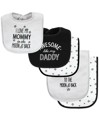 Hudson Baby Unisex Baby Cotton Terry Bib and Burp Cloth Set, Mom Dad Moon And Back