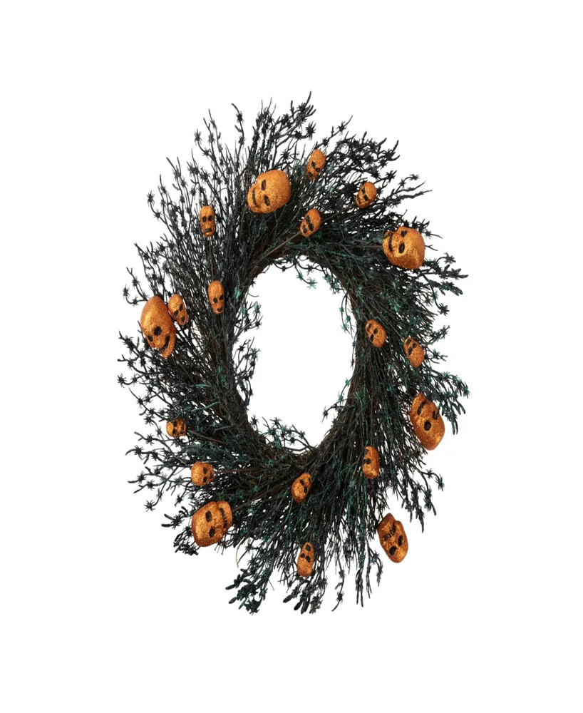 Skulls and Spiders Halloween Twig Wreath 22" Unlit