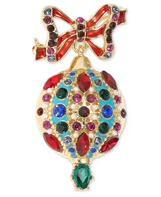 Holiday Lane Gold-Tone Multicolor Crystal & Imitation Pearl Ornament Pin, Created for Macy's