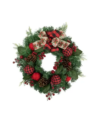 Pine Artificial Christmas Wreath with Bows and Plaid Ornaments 24" Unlit